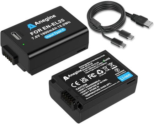 Anegine EN-EL25 batteri 1 600 mAh komplett avkodning med 2-i-1 typ C laddningskabel för Nikon Z30, Z50, Zfc-kamera lämplig för Nikon-laddare MH-32-433 (2-pack)