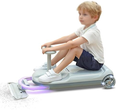 Kids Cleaning Go Kart, Portable Ride On Mop Floor Cleaner Go Carts, 5-Variable Speed Retractable Cleaning Mopping Kart with Bearing Steering Rod, Glowing Wheels & Storage