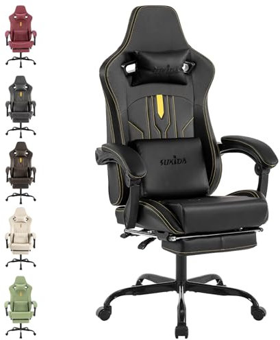 SUKIDA Gaming Stuhl Computerstuhl Ergonomischer Gaming Chair mit Fußstütze Bürostuhl Ergonomischer Computerstuhl mit Lendenwirbelstütze Schwarz