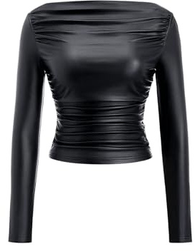OYOANGLE Women's Long Sleeve Off Shoulder Leather Shirts Ruched Fitted T-Shirts Party Clubwear Black X-Large