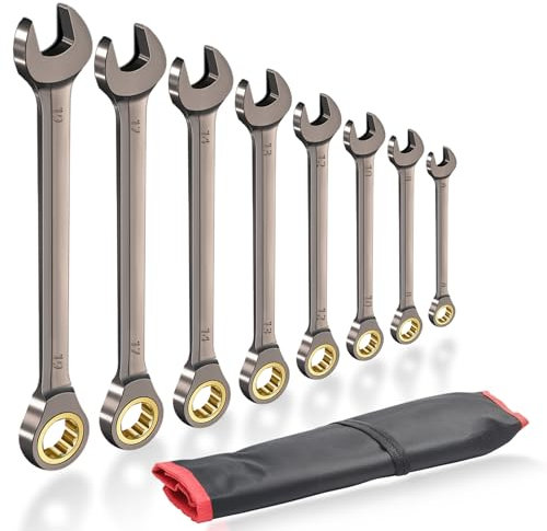 Llaves Fijas con Carraca de 8 Piezas, Juego de Llaves de Carraca Métricas 6-19mm, Llave de Carraca de 72 Dientes, Llave combinada de trinquete Llave fija Construidas en Cr-V, Superficie Cromo Pulido