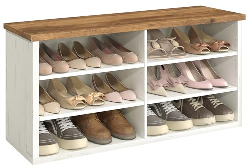 VASAGLE Shoe Bench, Storage Bench, 6 Compartments, Adjustable Shelves, for Living Room, Entryway, Dorm, 11.6 x 39.4 x 19.7 Inches, Rustic White and Honey Brown ULSB036W02