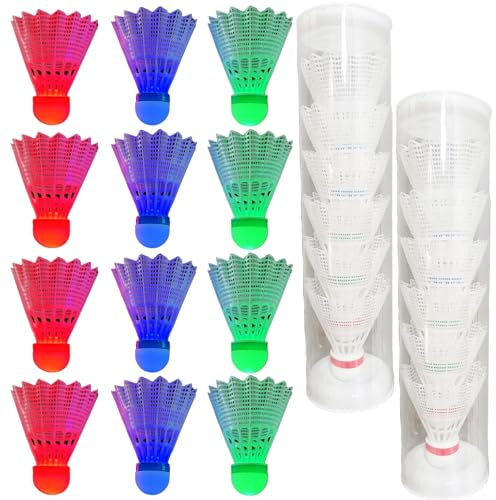 Xerteam Leuchtende Federbälle, 12er Set Badminton Bälle, Federbälle für Draußen——Nylon, Eimerverpackt, 3 LED Lichtfarben, Winddicht, Federball Bälle Set für Kinder Erwachsene Nacht Sport