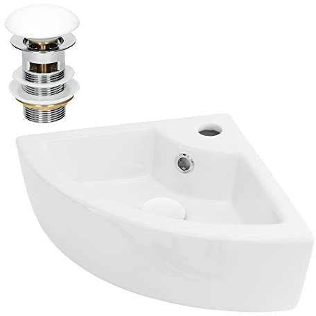 LuxeBath Waschbecken Eck Keramik Weiß 46x33x13cm eckig mit Ablaufgarnitur Weiß, Aufsatzwaschbecken, Eckwaschbecken mit Überlauf, Wandmontage, Hängewaschbecken Waschtisch Waschplatz Handwaschbecken