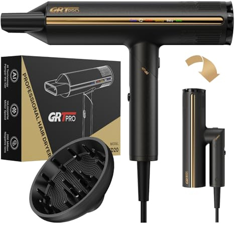 Phon Capelli Professionale Pieghevole Asciugacapelli Professionale 2200W Phon con Diffusore Asciugacapelli Ionico 200Milioni di Ionici 110,000RPM 410g, 4 Temperature 3 Velocità Salone Famiglia Viaggi
