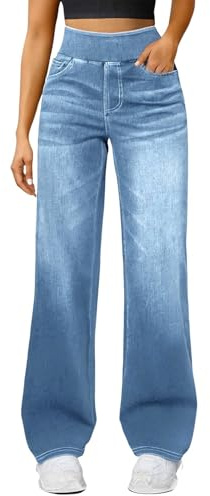 Bekväma svarta Palazzo-byxor med hög midja för kvinnor, stretchiga leggings med flera fickor för vardagligt bruk och yoga, Ljusblå, XXL