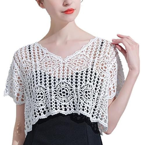 PLCPDM Camicia da donna in maglia traforata traspirante in morbido cotone all'uncinetto design in pizzo coprire corto Sleeev scollo a V Crop Top da indossare tutti i giorni in cotone all'uncinetto