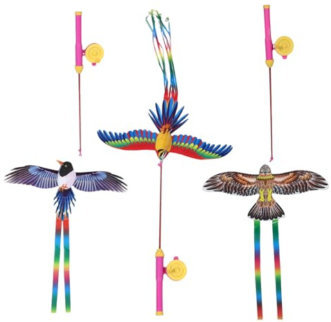 Mikinona 3 Set di Aquiloni da Pesca per Uccelli - Aquilone Dinamico con Canna da Pesca a Forma di Cartone Animato con Design di Aquila E Pappagallo - Giocattolo Volante da Giardino per Genitori E