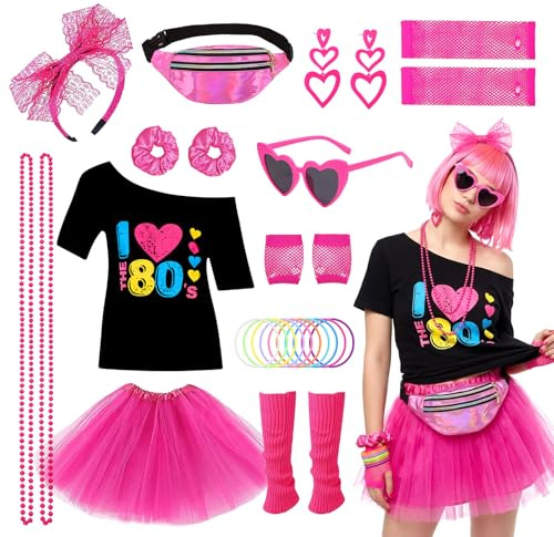 27-delars 80-talsdräkt, tillbehör, discoaftonklänning, neonljus från 90-talet, t-shirt, tutu, armband, midjeväska, glasögon, armband, halsband, benvärmare, damer, outfit, år, tema, fest