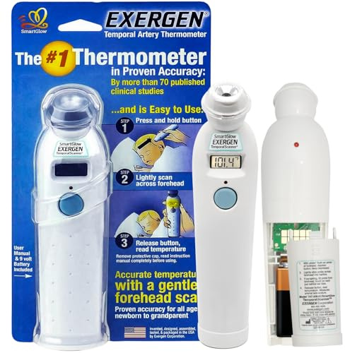 Exergen TAT-2000C Temporal Artery Thermometer – Temporal Thermometer for Kids, Newborns & Adults, Soft Glow Display, Silent Mode, 9V Battery Included
