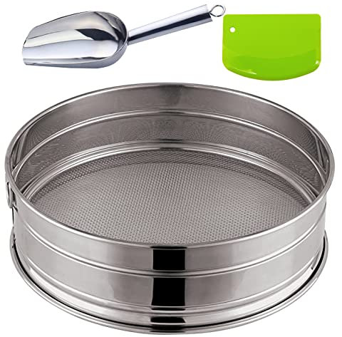 Round Stainless Steel Flour Sieve, Polished Fine Mesh Sifters Strainer Powdered Filter Mesh Home Shake Sieve with Brush, Dough Scraper, Spoon for Chefs, 30cm,80 Mesh