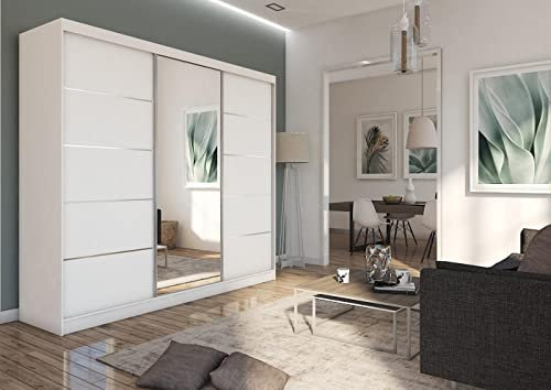 WFL GROUP Moderner Kleiderschrank Schwebetürenschrank Weiß mit Spiegel 120 150 180 200 cm - Weiß Matt Kleiderschrank für Schlafzimmer mit Schiebetüren - Kleiderstange - 240 cm - Weiß