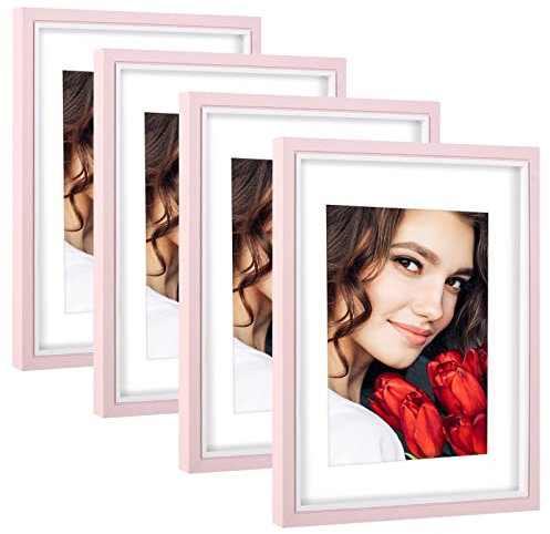 8 x 10 Picture Frame, Set of 4, Wooden Frame with HD Plexiglass, Horizontal and Vertical for Wall and Table Top, Pink