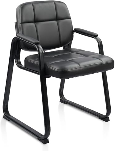 CLATINA Guest Waiting Reception Chair with Bonded Leather Thick Cushion and Padded Arm Rest, Sled Base Stationary Desk Chairs for Office Home Conference Meeting Lobby Hall Side Break Room, Black