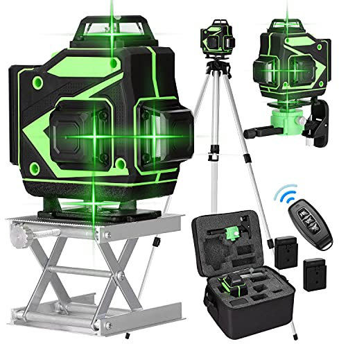 Mulcort Livella Laser Autolivellante 360, Laser Verde Potente con Asta Telescopica Professionale, 4D a 16 Linee per Livella Laser, Linee Orizzontali Verticali con Funzione di Autolivellamento