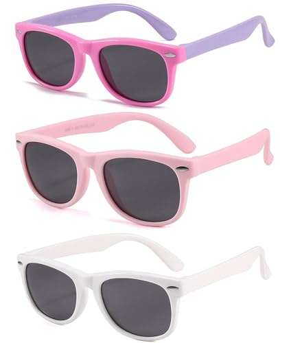 Awdchny 3Pack Kids Polarized Sunglasses for Boys Girls,Flexible TPEE Frame,UV400 Toddler Sunglasses for Children Age3-10(White/+Pink/Purple+Dark Rose)