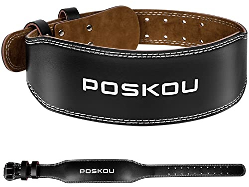 POSKOU Tyngdlyftningsbälte i läder 10 cm vadderat ländryggsstöd tyngdlyftning knäböj fitnessbälte träning träningsutrustning för hemmagym (M passar midja 60-80 cm)