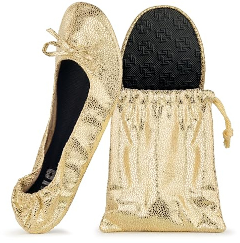 Silky Toes Women’s Foldable Ballet Flats – Portable Roll-Up Slippers for Purse, Travel, or Events – Comfortable Ballerina Shoes (Gold, XL)