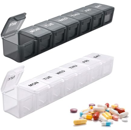 GNALIA 2 Pcs Pilulier Semainier Piluliers Medicaments 7 Jours 7 Compartiments Boite À Pilules pour Chaque Jour De Semaine Boîte À Médicaments sans Bpa (Noir Blanc)