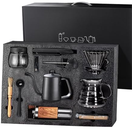 XQZMD Hand Brewed Coffee Set, Portable Multifunctional Coffee Grinding Hand Brewing Tool Set with Filter Papers, Coffee Brewing Travel Kit for Outdoor, Picnic (Gift Boxed 10pcs)