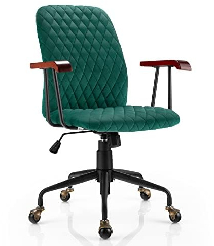COSTWAY Kontorsstol, sammet, metall, 24D-svamp, gummiträ, grön, 62,5 x 60,5 x 89,5–97,5 cm (L x B x H)