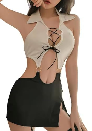 MIZSPISE Tenue Sexy de Secrétaire Lingerie Femme Costume de Bureau Cosplay Uniforme Robe Dos Nu Body Coquine Nuisette Ensemble de Haut Évidé Jupe Fendue avec String sans Manche