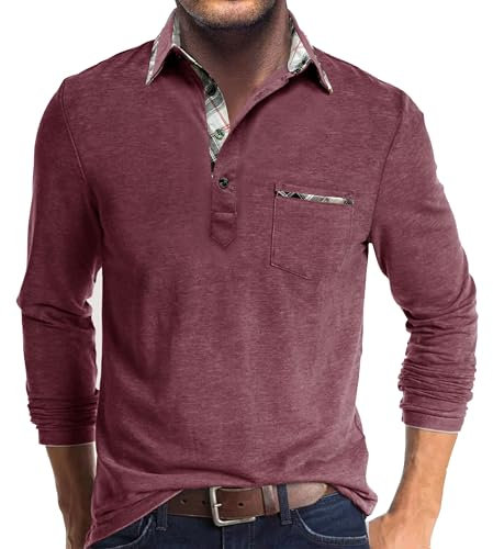 Comilaka Men's Polo Long Sleeve Casual Contrasting Color Polo Shirts with Pocket M-4XL Red