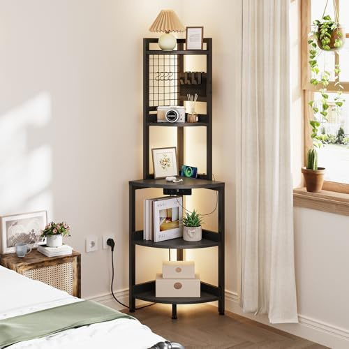 Dripex Scaffale angolare a 5 livelli con prese, libreria, scaffale con illuminazione a LED, scaffale per piante, per soggiorno, cucina, nero, 40 x 40 x 152 cm