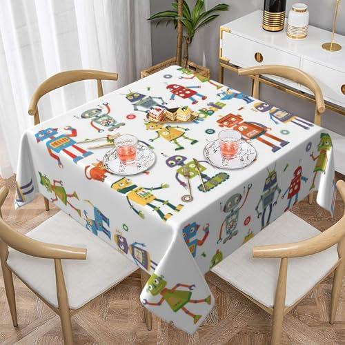 WKSGDSG Waterproof Square Tablecloth 140 Cm, Cute Cartoon Robots Tablecloths, Washable Wrinkle-Resistant Polyester Table Cover For Indoor/Outdoor Dining, Parties, Weddings (Fits 78-99 Cm Tables)