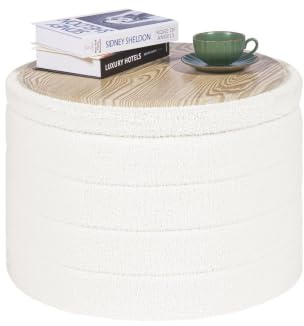 PINPLUS Puff con Almacenaje, Redondo Taburete Baúl Plegable con Tapa Reversible, Ø 56x40 cm para Salón, Dormitorio y Pasillo, Blanco Crema