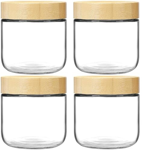 Hikrxya 4 Piezas Tarros de Cristal con Tapa de Bambú, 300ml Reutilizables Tarros de Avena Nocturna Tarro Cristal Hermetico para Overnight Oats Yogur Especias Mermelada Cereales Gachas