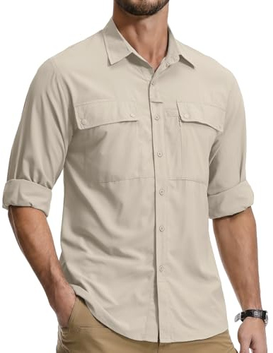 Jessie Kidden Camisas de safari para hombre, manga larga, protección UV, senderismo, pesca, UPF 50+, secado rápido, enfriamiento, camping, viajes, camisas, Luz De Color Caqui, L
