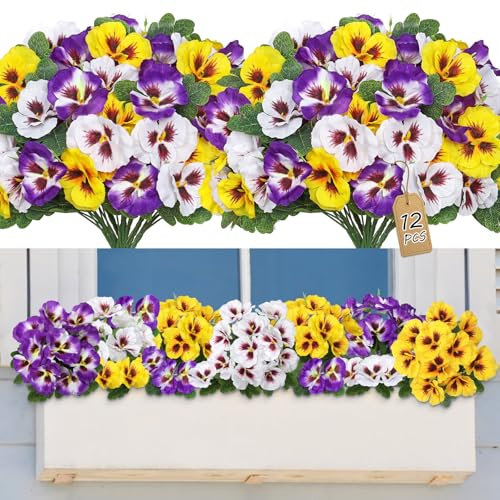 SOMYTING 12 Pcs Artificial Pansies for Outdoor Artificial Silk Flowers UV Resistant Faux Flowers Plastic Plants for Front Porch Garden Window Box Hanging Planter Decoration (Yellow White Purple)