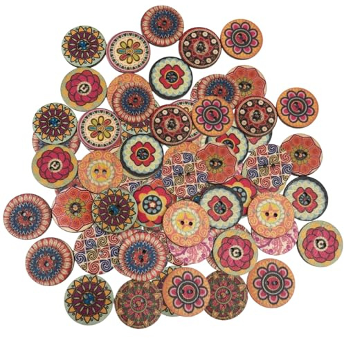 100PCS Vintage Wooden Buttons 25mm (1 Inch) – Assorted Floral & Boho Pattern Round Wood Buttons with 2 Holes, Decorative Sewing Supplies for DIY Crafts, Cardigans, Scrapbooking & Knitting Projects
