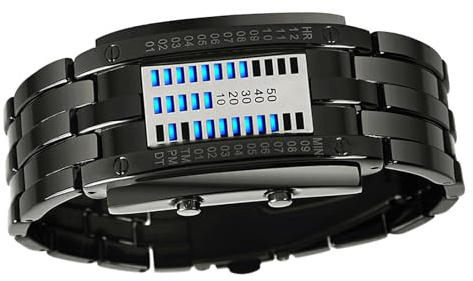 Mens Binary Watch, Casual Sports Binary Watch Blue Backlight Water Resistant for Dance Parties (Black Small Size)