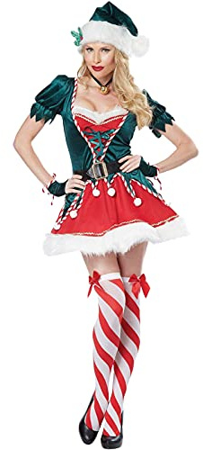 Sexy Green Velvet Dress Womens Christmas Elf Costume Santa's Helper Cosplay Costumes for Women Christmas Fancy Dress Outfit Set with Belt Gloves & Hat for Halloween Carnival