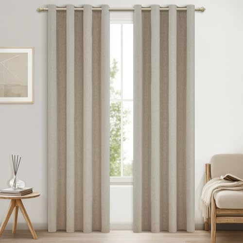 MRTREES Rideaux Occultants Thermique Lin Naturel 100% Bloquer Lumière, Rideaux Thermiques Isolants Anti Froid et Chaleur à Oeillets pour Porte Chambre Adulte Salon, 140x200 CM, 2 Pièces
