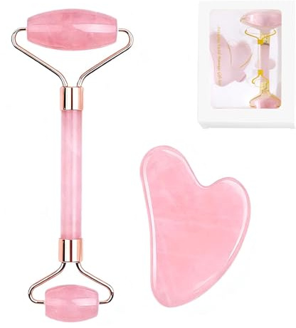 Jade Roller and Gua Sha Set, Rose Quartz Gua Sha Massage Tool, Face Roller with Guasha Stone for Women Girls Men’s Skincare Facial Neck and Body Muscle Relaxing, Pink
