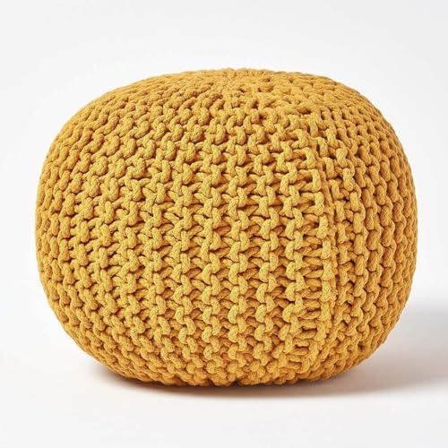 Laam linen Round Chunky Handmade Knitted Pouffe Footstool Bean Large 50x50x30cm, 100% Cotton Filling for Living Room Stool, Suitable For Resting Feet Knitted Pouffe (Mustard)