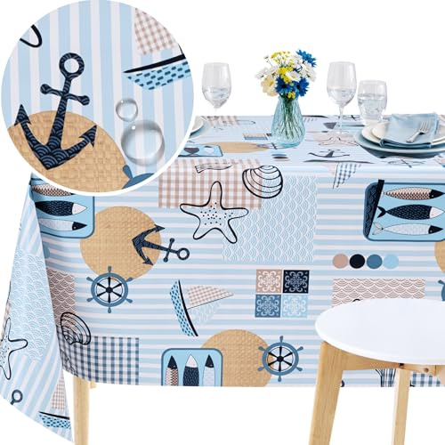 KP HOME Tovaglia Plastificata Rettangolare Premium Blu Nautica – 200 x 140 cm Tovaglia Antimacchia in PVC Impermeabile – Cerata Tavolo in Plastica Mare – Copri Tavolo per Cucina e Sala da Pranzo