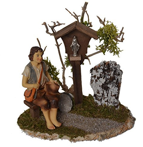 Alfred Kolbe Krippen AM 15 Weihnachtskrippen-Zubehör-Set Wegmadonna, Hirte sitzend mit Bank 14 x 9,5 x 13 cm für 10-11 cm Figuren