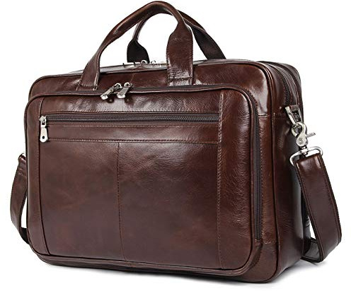 Augus Business Travel Briefcase Genuine Leather Duffel Bags for Men Laptop Bag fits 15.6 inches Laptop, Coffee-1, 43L*16.5W*30.5H(cm)