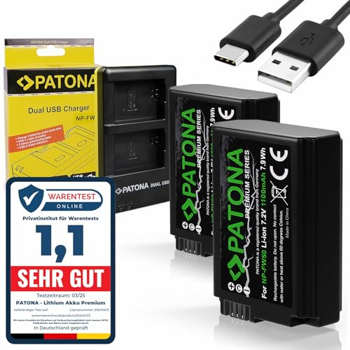 PATONA Set: Dual laddare USB-C med 2x NP-FW50 Premium batteri, 1100mAh