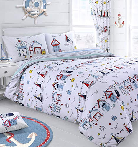 Velosso Nautical Seaside Boats & Hut Reversible Duvet Cover Set (King) | Cotton-Rich Duvet Cover & Pillowcase Bedding Set, Beach Hut & Sail Design