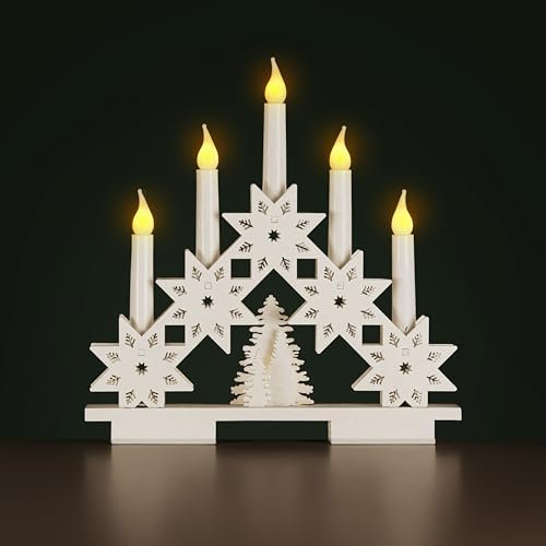 HomeZone Rustic White Wooden Snowflake Candle Bridge - 5 LED Christmas Candle Arch Battery Operated Candlebridge - Festive Window Christmas Decorations for Home, Living Room or Office