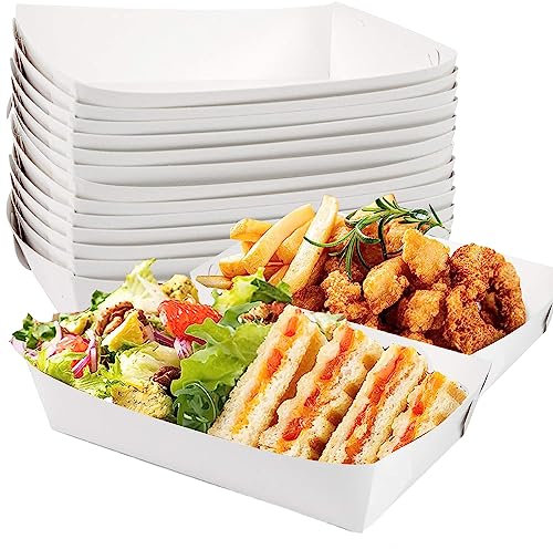 HAKACC Paper Food Trays 60 PCS White, 10-Second Assembly 19x15x5 cm for Movie Night, BBQ and Party Snacks