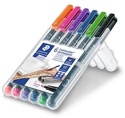 STAEDTLER permanenter Universalstift Lumocolor, wisch- und wasserfest, sekundenschnell trocken, F-Spitze - Linienbreite 0,6 mm, 6 Marker in brillanten Farben, 318 WP6-1