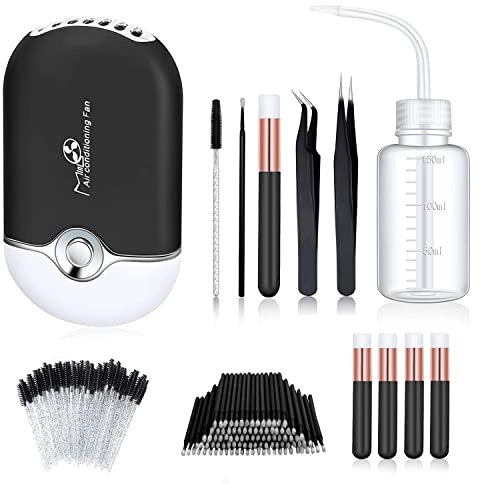 Aussido 159 PCS Eyelash Fan Set Lash Fan for Eyelash Extension Dryer, Lash Shampoo Brushes, Plastic Wash Squeeze Bottle, Disposable Mascara Brushes, Micro Applicator and Tweezers Black