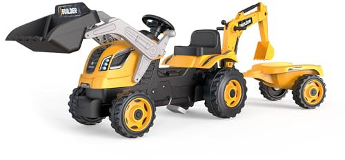 Smoby - Traktor Builder Max + Anhänger - Schaufelbagger für Kinder - Einstellbarer Sitz - Lenkrad mit Hupe