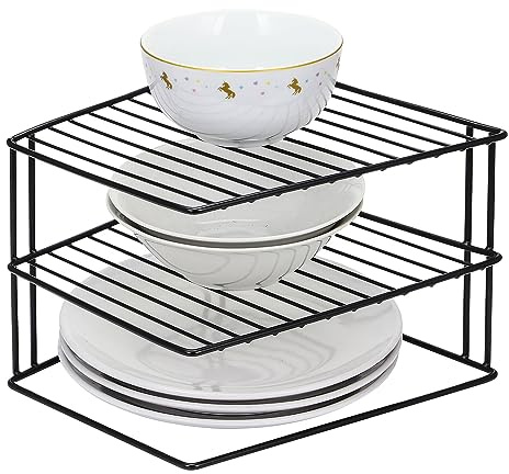Greenfields 3 Tier Corner Kitchen Plate Rack, Tidy Cupboard Shelf Insert Organiser and Space Saver Unit - Premium Quality great for organising plates and saving cupboard space (Black)